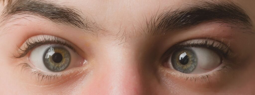 A close-up image of a person's crossed eyes due to strabismus.
