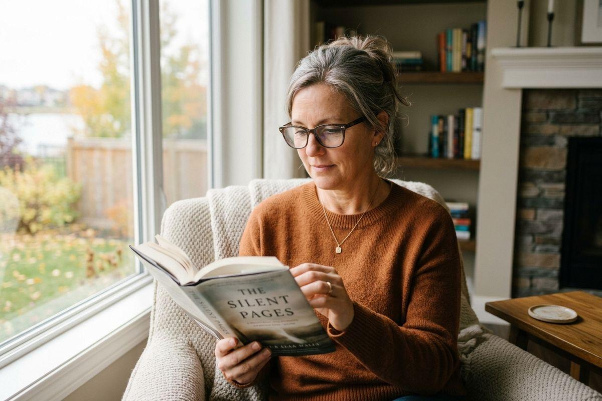 a person wearing glasses as they read a book at home