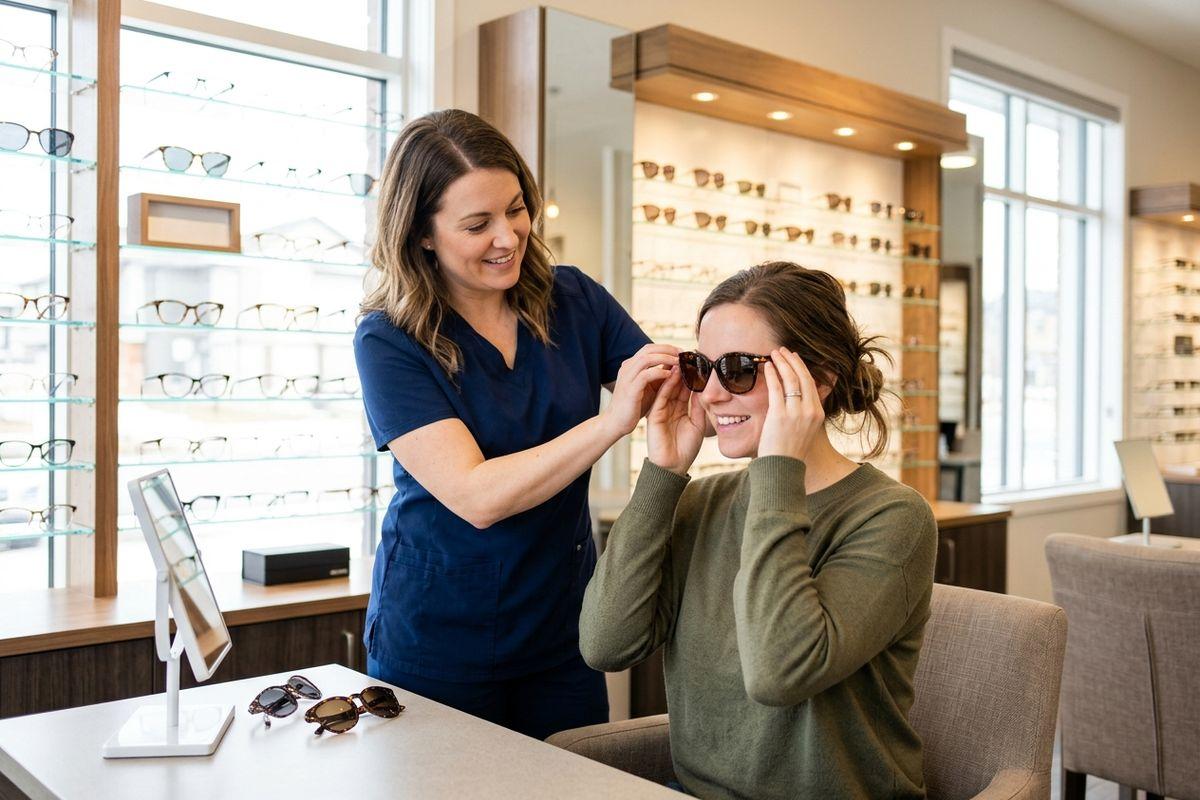 a person trying on sunglasses at the optometrist