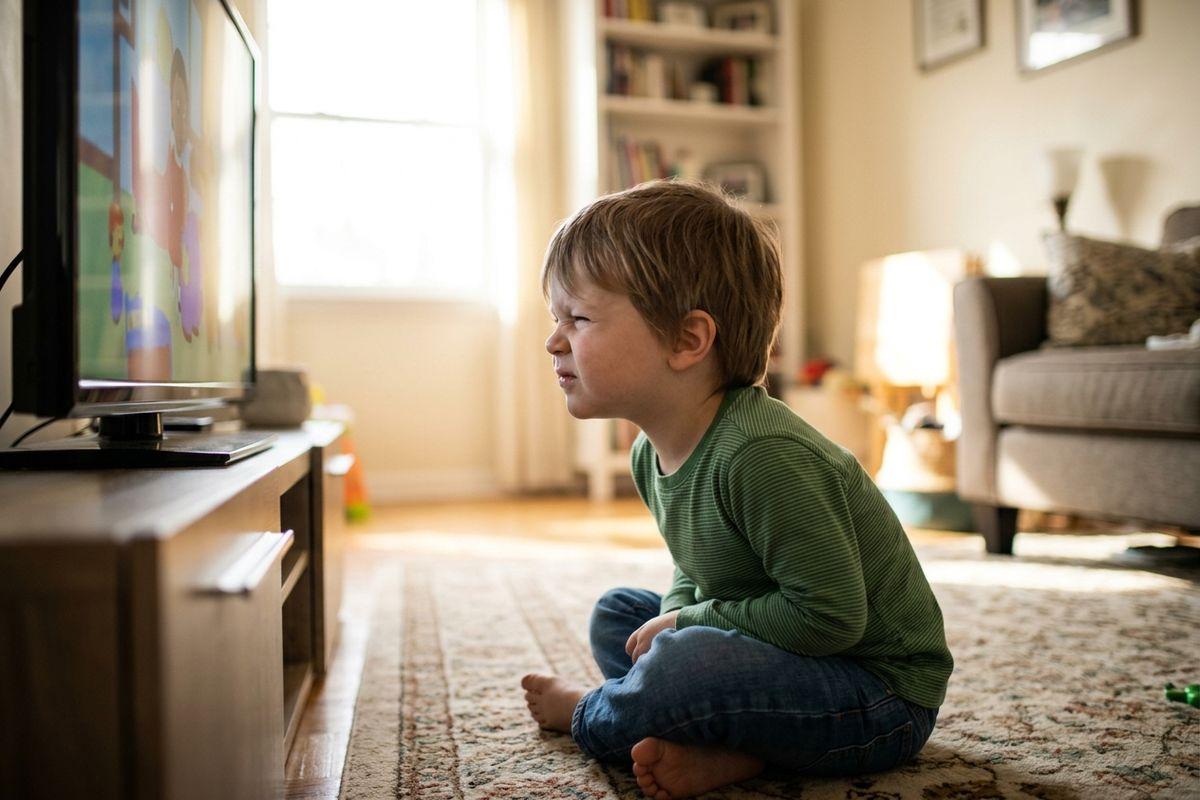 A child sitting close to a television, squinting at the screen in a living room.
