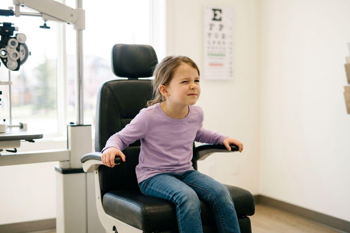 A child squinting in an optometrist's exam chair, with a phoropter and eye chart nearby.