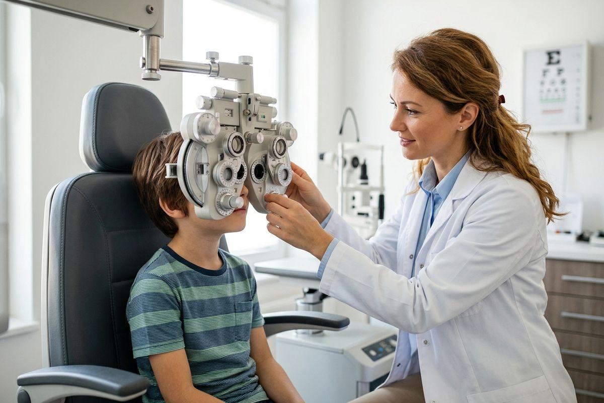 An optometrist adjusts a phoropter for a child during an eye exam, with an eye chart on the wall behind.