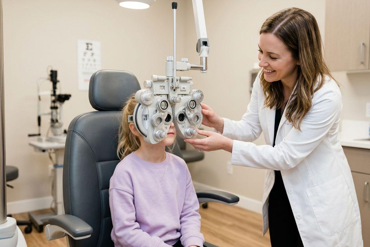 An optometrist adjusts a phoropter for a child seated in an exam chair during an eye test.