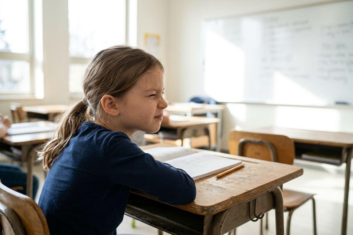 Child at a classroom desk squinting toward a whiteboard, with an open notebook and pencil in front of them.