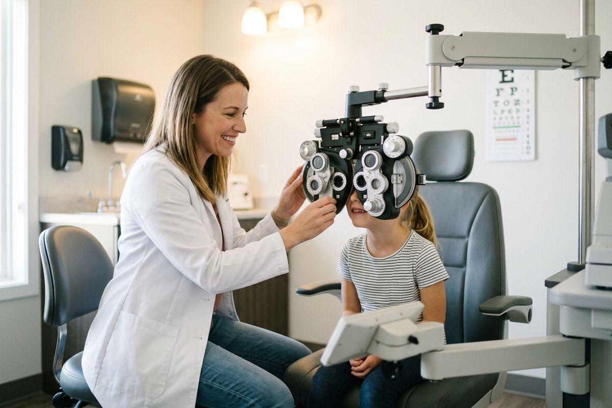 Optometrist adjusting a phoropter for a smiling child seated in an exam chair, eye chart on the wall.