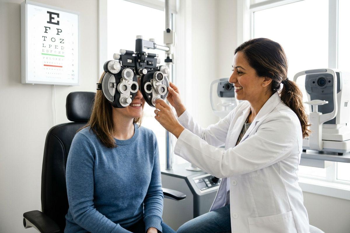 Optometrist adjusts a phoropter for a smiling patient during an eye exam, with an eye chart on the wall.