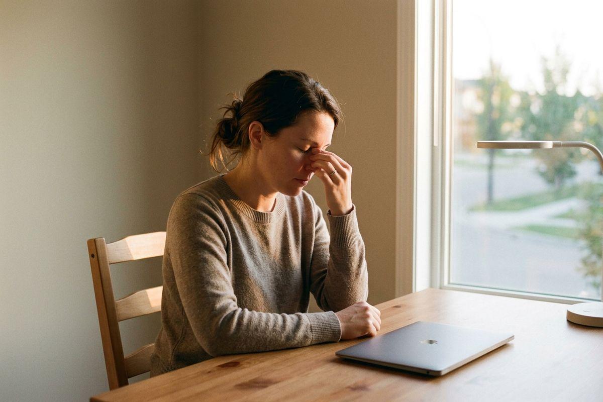 Person sitting at a wooden table by a window, pinching the bridge of their nose.