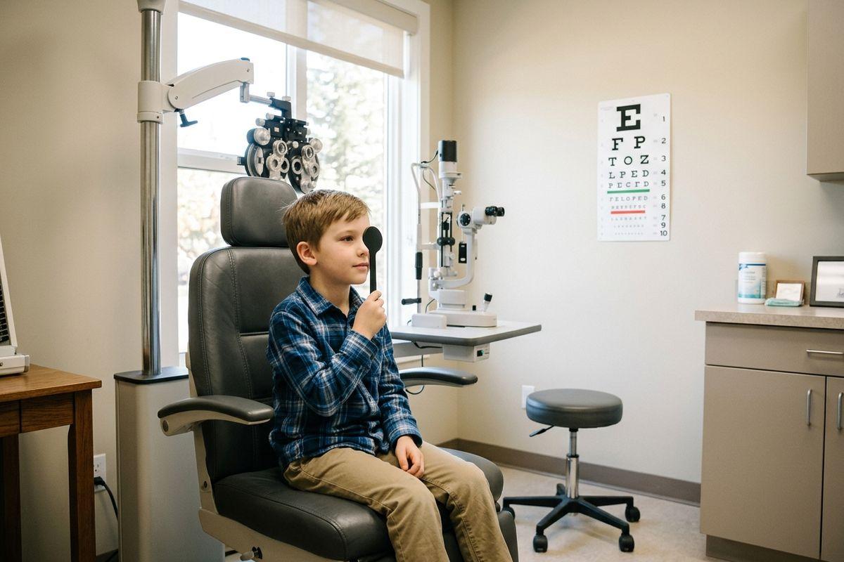 A child in an exam chair covering one eye with an occluder during a vision test, with an eye chart on the wall in the background.