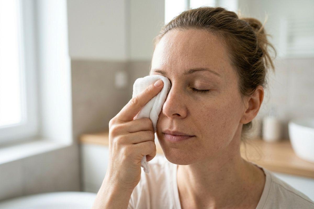 A person with eyes closed, wiping the face and eye area with a white cloth in a bathroom.