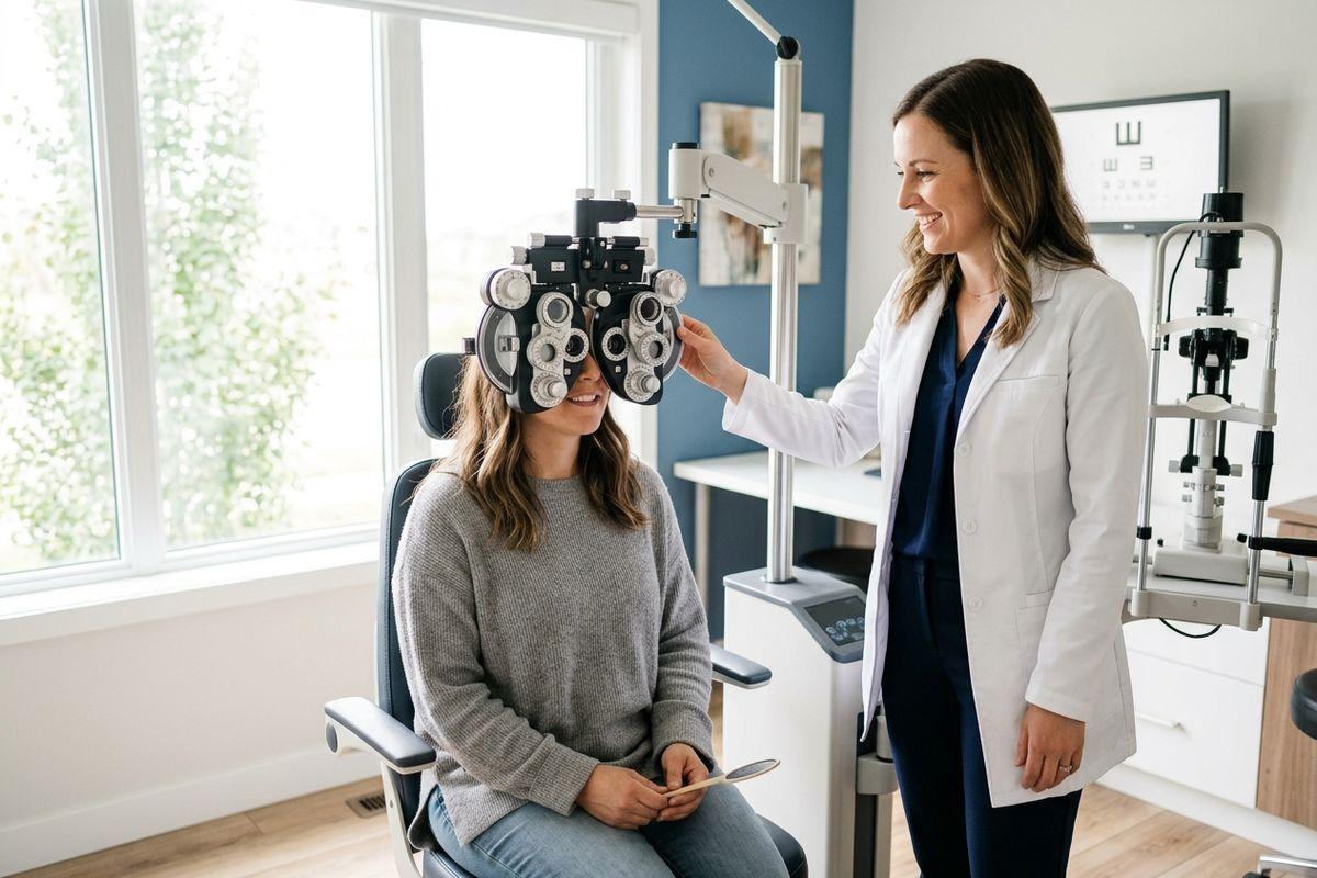 An optometrist adjusts a phoropter for a smiling patient during an eye exam in a bright clinic.