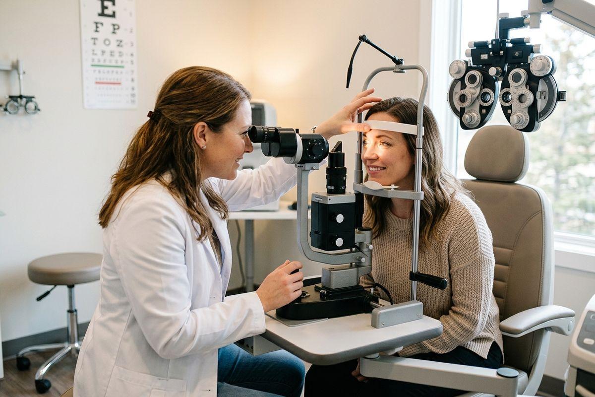 An optometrist examines a smiling patient's eyes using a slit lamp in an exam room with an eye chart.