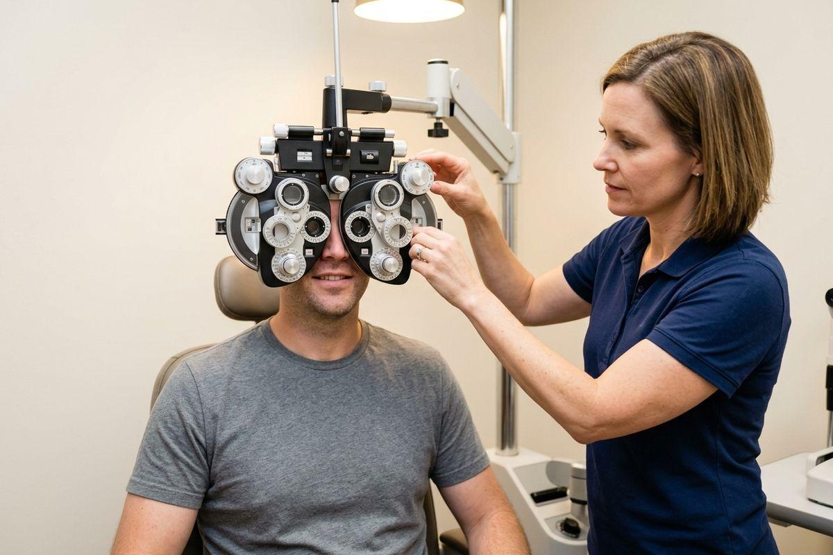 Optometrist adjusts a phoropter in front of a smiling adult patient seated in an exam chair during an eye exam.