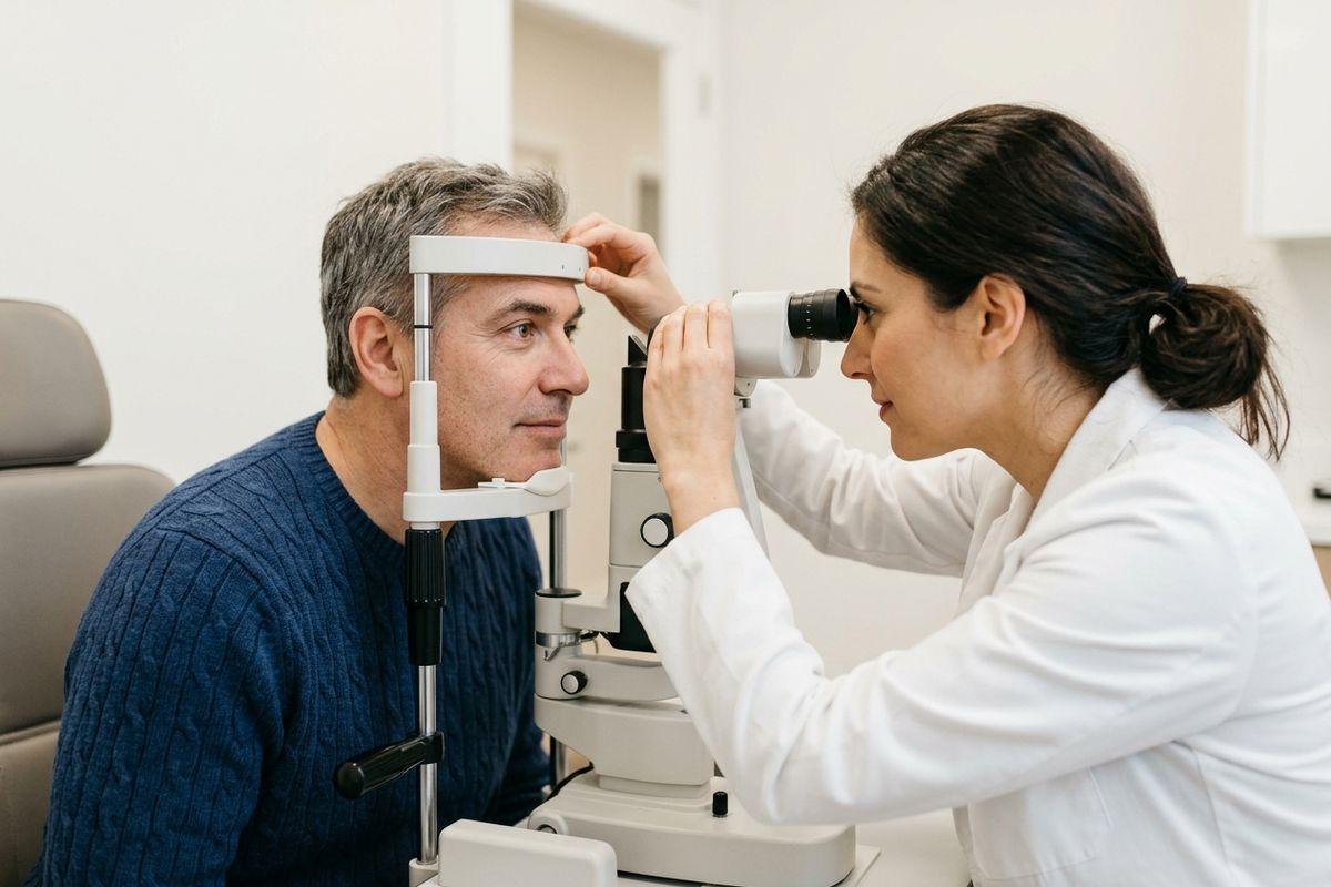 Optometrist looks through a slit lamp to examine the eyes of an adult patient resting their chin and forehead on the device in an eye exam room.