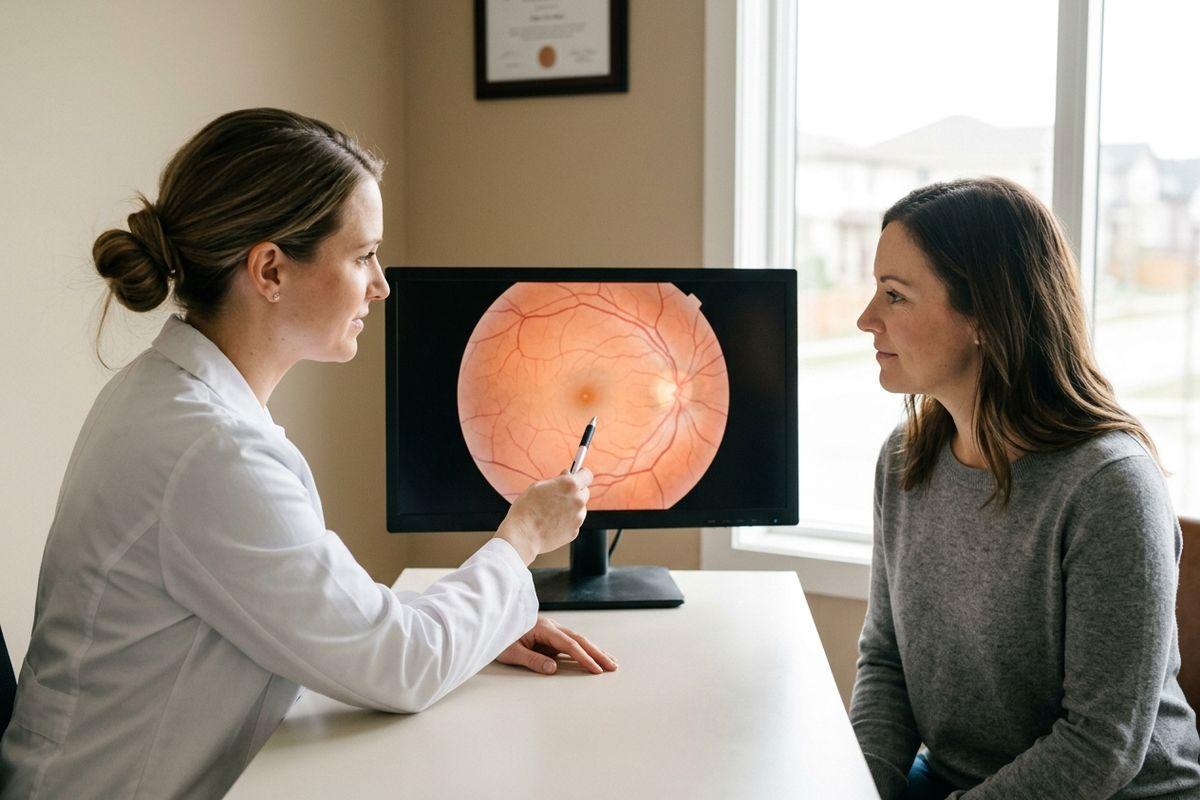 Optometrist points a pen at a retinal scan on a monitor while explaining it to an attentive patient seated across a desk.