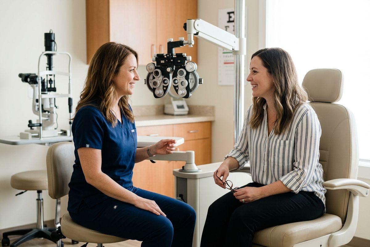 Smiling optometrist talks with a patient holding eyeglasses in an exam chair, with a phoropter and slit lamp in the eye exam room.